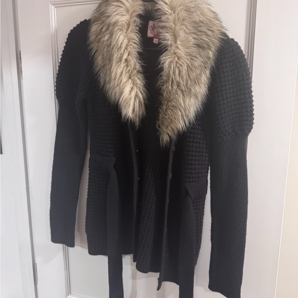 Juicy Couture Black Knit Cardigan with Faux Fur Trim